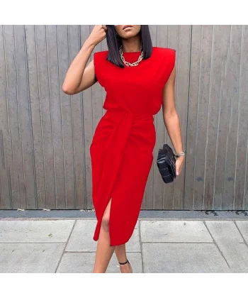 Kadın üst Vatkalı Kolsuz, Alt Büzgülü Yırtmaçlı Arkası Fermuarlı Krep Etek Bluz Takim