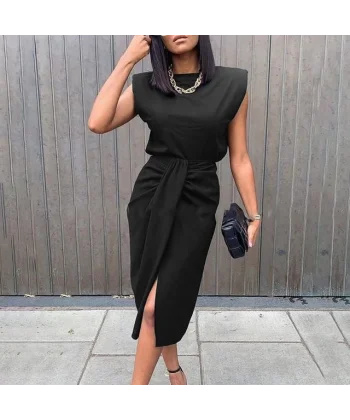 Kadın üst Vatkalı Kolsuz, Alt Büzgülü Yırtmaçlı Arkası Fermuarlı Krep Etek Bluz Takim