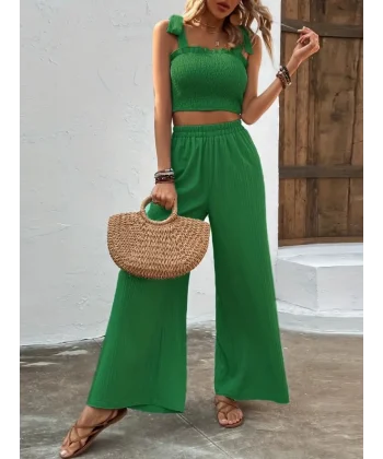 Kadın üstü Gipeli Crop Beli Lastikli Bol Pantolon Bürümcük Ikili Takım