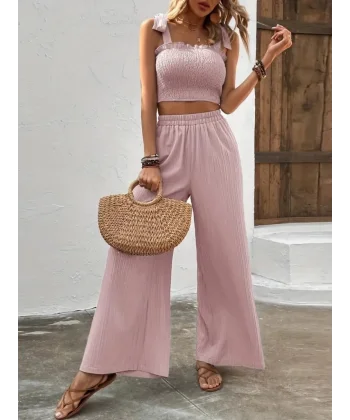 Kadın üstü Gipeli Crop Beli Lastikli Bol Pantolon Bürümcük Ikili Takım