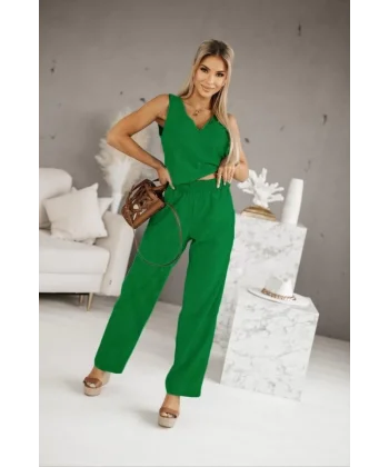 Kadın Üstü V Yaka Kolsuz Krop Alt Beli Lastikli Pantalon İki İplik Takım