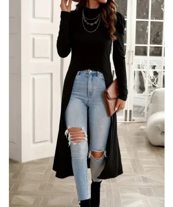 Kadın Uzun Balon Kollu Yarı Balıkçı Yaka önü Açık Kaşkorse Tunik