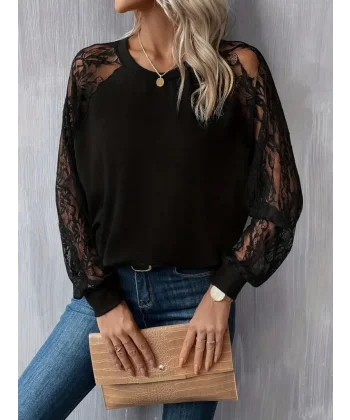 Kadın Uzun Dantel Kollu Bisiklet Yaka Viskon Bluz