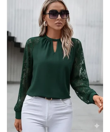 Kadın Uzun Dantel Kollu Yuvarlak Yakalı Sandy Bluz