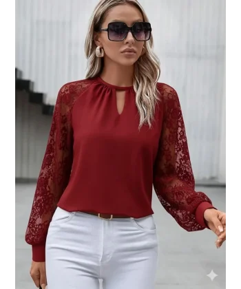 Kadın Uzun Dantel Kollu Yuvarlak Yakalı Sandy Bluz