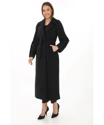 Kadın Uzun Kaşe Kaban – Yünlü Dokuma Kaşmir Kumaş, Kruvaze Yaka, Kuşaklı Astarlı Tesettür Uyumlu Şık Kışlık Siyah Model - Siyah