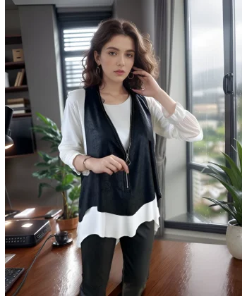 Kadın Uzun Kol Asimetrik Kesim Viskon Bluz Ve çatlak Deri Görünümlü Fermuar Detaylı Yelek Ikili Takım