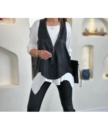 Kadın Uzun Kol Asimetrik Kesim Viskon Bluz Ve çatlak Deri Görünümlü Fermuar Detaylı Yelek Ikili Takım