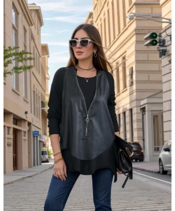 Kadın Uzun Kol Asimetrik Kesim Viskon Bluz Ve çatlak Deri Görünümlü Fermuar Detaylı Yelek Ikili Takım