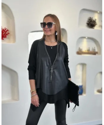 Kadın Uzun Kol Asimetrik Kesim Viskon Bluz Ve çatlak Deri Görünümlü Fermuar Detaylı Yelek Ikili Takım