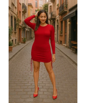 Kadın Uzun Kol Büzgü Detaylı Sandy Kumaş Ayarlanabilir Boy Fırsat Ürün Elbise