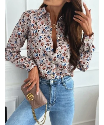 Kadın Uzun Kol Cep Detay çiçek Baskılı Mosskrep Kumaş Gömlek