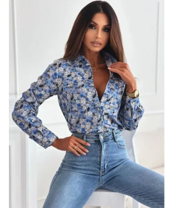 Kadın Uzun Kol Cep Detay çiçek Baskılı Mosskrep Kumaş Gömlek