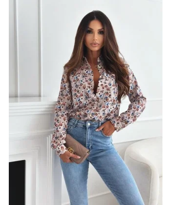 Kadın Uzun Kol Cep Detay çiçek Baskılı Mosskrep Kumaş Gömlek