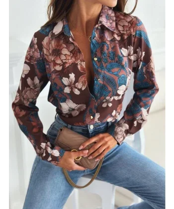 Kadın Uzun Kol Cep Detay çiçek Baskılı Mosskrep Kumaş Gömlek