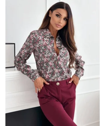 Kadın Uzun Kol Cep Detay çiçek Baskılı Mosskrep Kumaş Gömlek
