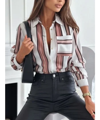 Kadın Uzun Kol Cep Detay Dijital Baskılı Mosskrep Kumaş Gömlek