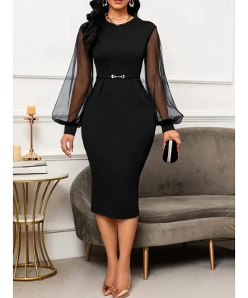 Kadın Uzun Kol Detay Ithal Krep Midi Elbise