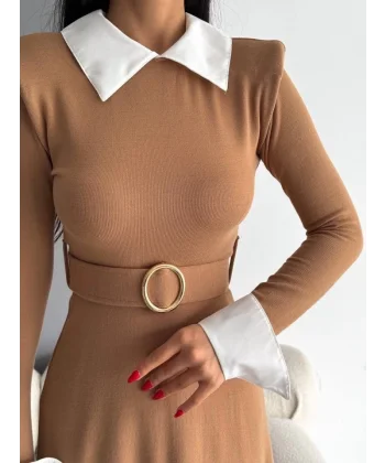 Kadın Uzun Kol Gömlek Yaka Ve Vatka Detay Kemer Dahil idi Boy Elbise