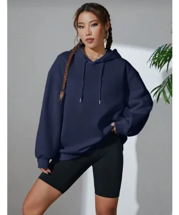 Kadın Uzun Kol Kapşonlu Basic Sweatshirt hoodie - Lacivert