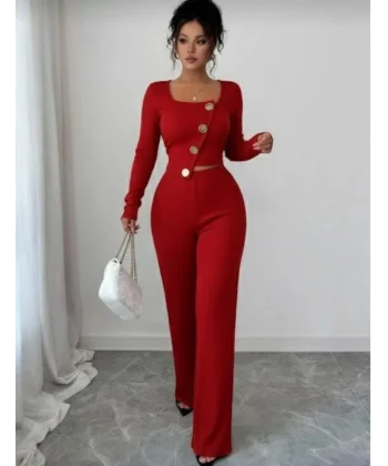 Kadın Uzun Kol Kare Yaka Asimetrik Düğme Detay Bluz Ve Yüksek Bel Pantolon Ikili Takım