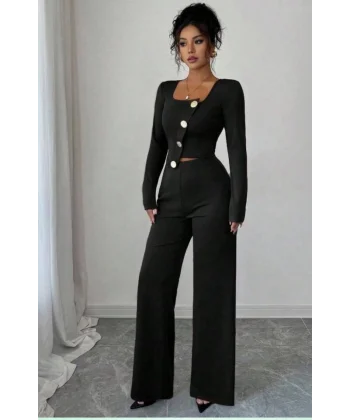 Kadın Uzun Kol Kare Yaka Asimetrik Düğme Detay Bluz Ve Yüksek Bel Pantolon Ikili Takım