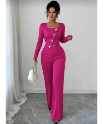 Kadın Uzun Kol Kare Yaka Asimetrik Düğme Detay Bluz Ve Yüksek Bel Pantolon Ikili Takım