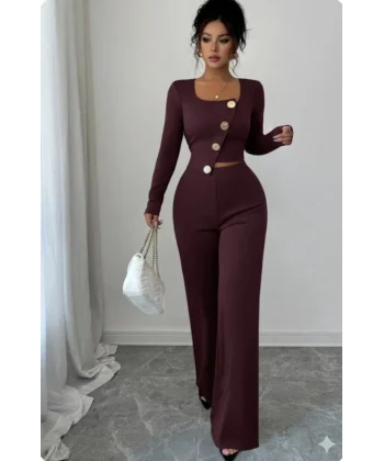 Kadın Uzun Kol Kare Yaka Asimetrik Düğme Detay Bluz Ve Yüksek Bel Pantolon Ikili Takım