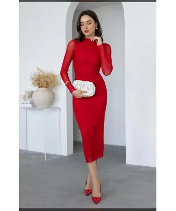 Kadın Uzun Kol Tül Drapeli idi Boy Elbise