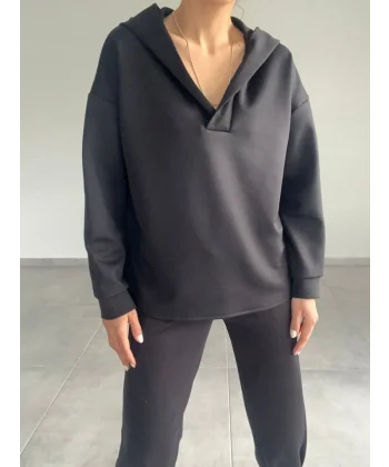 Kadın Uzun Kol V Yaka Kapüşon Detay Sweat Ve Yüksel Bel Eşofman Ikili Takım