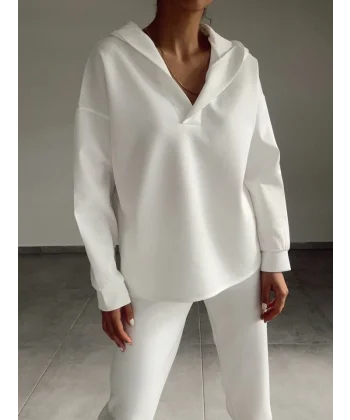 Kadın Uzun Kol V Yaka Kapüşon Detay Sweat Ve Yüksel Bel Eşofman Ikili Takım