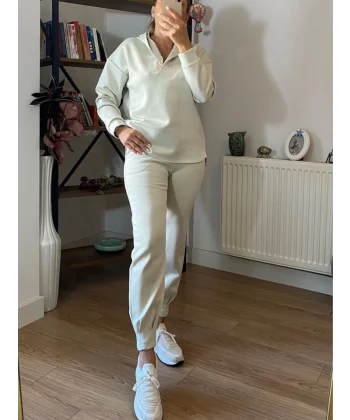 Kadın Uzun Kol V Yaka Kapüşon Detay Sweat Ve Yüksel Bel Eşofman Ikili Takım