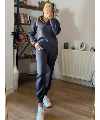 Kadın Uzun Kol V Yaka Kapüşon Detay Sweat Ve Yüksel Bel Eşofman Ikili Takım