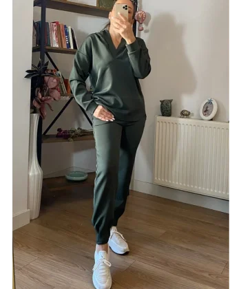 Kadın Uzun Kol V Yaka Kapüşon Detay Sweat Ve Yüksel Bel Eşofman Ikili Takım