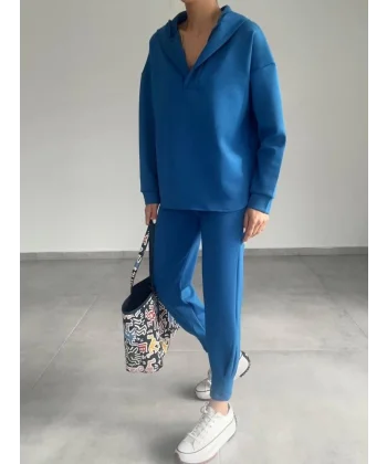 Kadın Uzun Kol V Yaka Kapüşon Detay weat Ve Yüksel Bel Eşofman Ikili Takım
