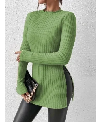 Kadın Uzun Kol Yandan Yırtmaç Detaylı Triko Bluz