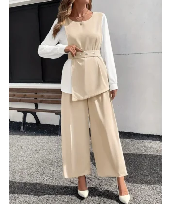 Kadın Uzun Kollu Açık Yakalı çift Renkli Kemerli Ithal Krep Ikili Takım