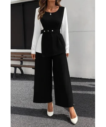 Kadın Uzun Kollu Açık Yakalı çift Renkli Kemerli Ithal Krep Ikili Takım