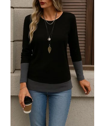 Kadın Uzun Kollu Açık Yuvarlak Yaka Blok Renkli Viskon Bluz