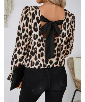 Kadın Uzun Kollu Arkadan Fiyonk Detaylı Leopar Desenli Süprem Bluz