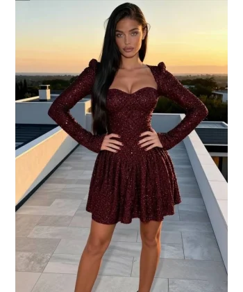 Kadın Uzun Kollu Armut Yaka Pul Payet Işlemeli Mini Gece Elbisesi