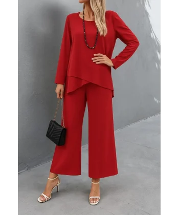 Kadın Uzun Kollu Asimetrik Detaylı Salaş Sandy Bluz Ve Pantolon Ikili Takım