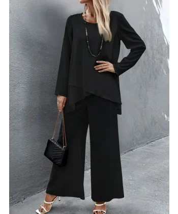 Kadın Uzun Kollu Asimetrik Detaylı Salaş Sandy Bluz Ve Pantolon Ikili Takım