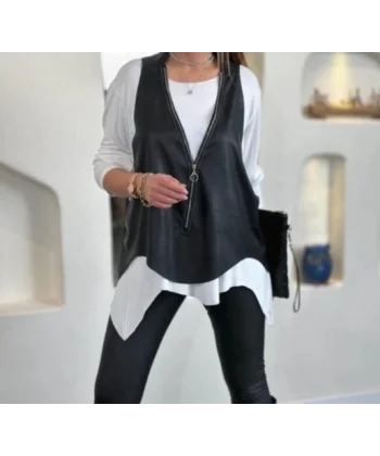 Kadın Uzun Kollu Asimetrik Kesim Viskon Bluz Ve çatlak Deri Görünümlü Yelek Ikili Takım