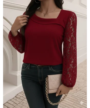 Kadın Uzun Kollu Asimetrik Yakalı Dantelli Ithal Krep Bluz