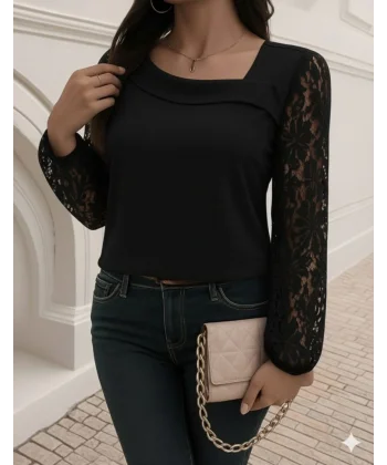 Kadın Uzun Kollu Asimetrik Yakalı Dantelli Ithal Krep Bluz