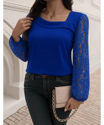 Kadın Uzun Kollu Asimetrik Yakalı Dantelli Ithal Krep Bluz