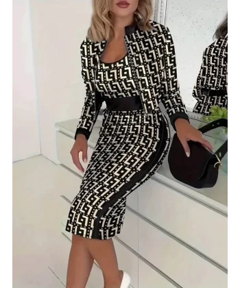 Kadın Uzun Kollu Askılı Yuvarlak Yaka Desenli Dalgıç Bluz Ceket Ve Etek üçlü Takım