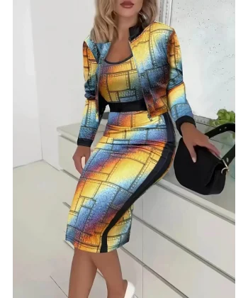 Kadın Uzun Kollu Askılı Yuvarlak Yaka Desenli Dalgıç Bluz Ceket Ve Etek üçlü Takım