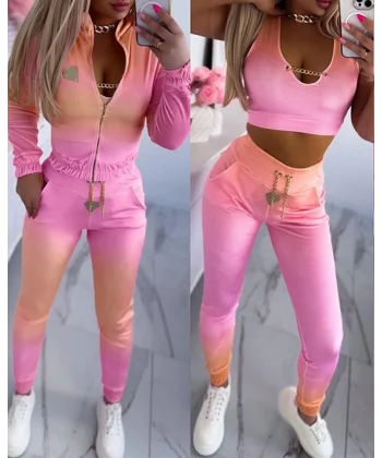 Kadın Uzun Kollu Askılı Yuvarlak Yakalı Krop Bluz, Uzun Kollu önden Fermuarlı Ceket Ve Pantolon Dalgıç üçlü Takım